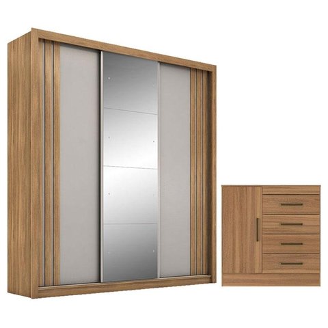 Cômoda Montevideu e Guarda Roupa Casal Moema Amêndola Nude Flex com Espelho – Demóbile