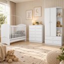 Ver imagem 1 de Dormitório Infantil Bala de Menta com Guarda Roupa Cômoda Berço 3 em 1 MDF e MDP Branco Móveis