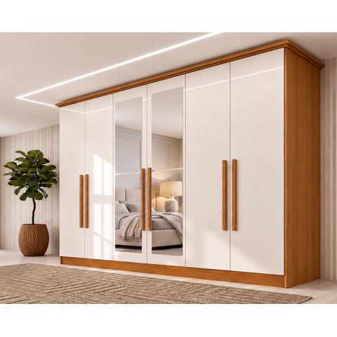 Guarda Roupa Casal 6 Portas com Espelho Leblon Off White/Cinamomo