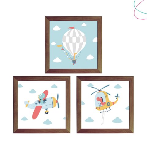 3 Quadrinhos Decorativos Infantil Dinossauro Avião Balão: Tabaco
