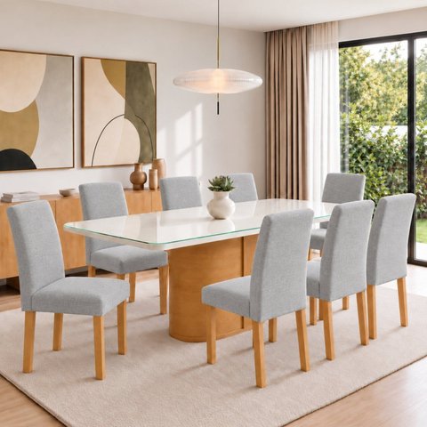 Conjunto Sala de Jantar 8 Lugares Retangular Tampo Vidro/MDF 200x90cm Mesa Diana e Cadeiras Espanha