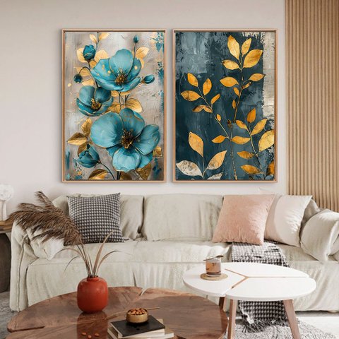 Quadro Decorativo Azul e Dourado em 2 Telas Canvas Tacolado Moldura Flutuante 4,5cm Madeira 60 X 90c