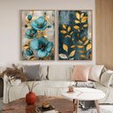Ver imagem 1 de Quadro Decorativo Azul e Dourado em 2 Telas Canvas Tacolado Moldura Flutuante 4,5cm Madeira 60 X 90c