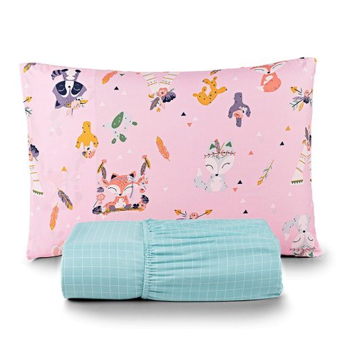Jogo de Cama Lençol Lutti Solteiro Infantil 200 Fios Estampado 2 Peças Raposa Foxy Rosa - 100% Polié