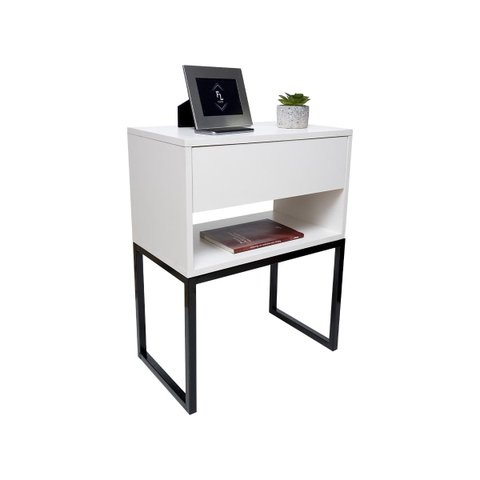 Mesa de Cabeceira Eco Industrial 40cm Branco Gaveta Superior Pés Ferro Preto para Quarto Cama