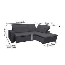 Sofá Istambul 2.60x2.10m Retrátil e Reclinável com Chaise - Chumbo - 2