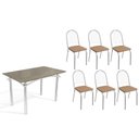Ver imagem 1 de Conjunto: Mesa de Cozinha Elba Tampo Madeirado C/ Vidro 120cm e 6 Cadeiras Noruega Cromada/freijo