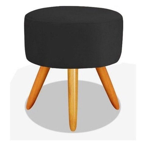 Puff Redondo Suede Preto Pés Palito