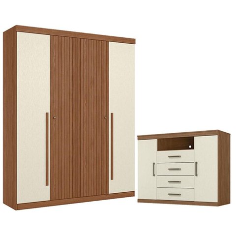 Guarda Roupa Casal Ripado 4 Portas Buriti e Cômoda Havana Master Jatobá Areia Acetinado - Santos And