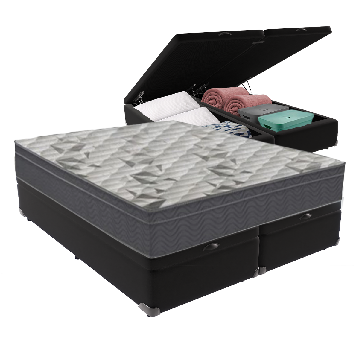 Cama Box Baú Bipartido Queen Preto e Colchão Airtech 100 D33 Ortobom