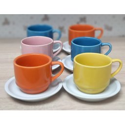 Jogo 6 xícaras de Café e Chá com pires - 200 ml Empilháveis - Porcelana Colorida - 5