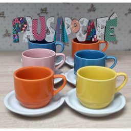 Jogo 6 xícaras de Café e Chá com pires - 200 ml Empilháveis - Porcelana Colorida - 4