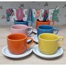 Jogo 6 xícaras de Café e Chá com pires - 200 ml Empilháveis - Porcelana Colorida - 4