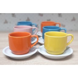 Jogo 6 xícaras de Café e Chá com pires - 200 ml Empilháveis - Porcelana Colorida - 2