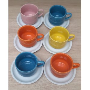 Jogo 6 xícaras de Café e Chá com pires - 200 ml Empilháveis - Porcelana Colorida