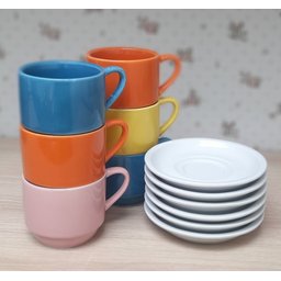 Jogo 6 xícaras de Café e Chá com pires - 200 ml Empilháveis - Porcelana Colorida - 3