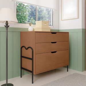 Cômoda Quarto Casal Retrô Marrom Nature com 3 Gavetas Oasis