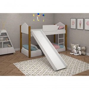 Beliche Infantil Juvenil Luiza Branco Mel com Pés de Madeira com Escorregador Dois Colchões