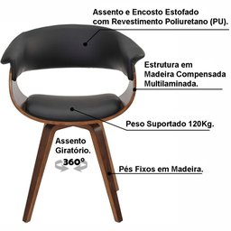Cadeira Giratória Decorativa para Sala de Jantar Ohana PU Preto G56 - Gran Belo - 3