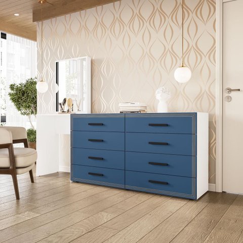 Cômoda Penteadeira Valência 8 Gavetas Espelho 209x160cm Azul/Branco 250801