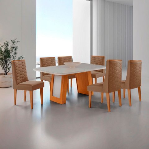 Mesa de Jantar Carolina 180cm Tampo MDF Vidro Canto Copo com 6 Cadeiras Safira