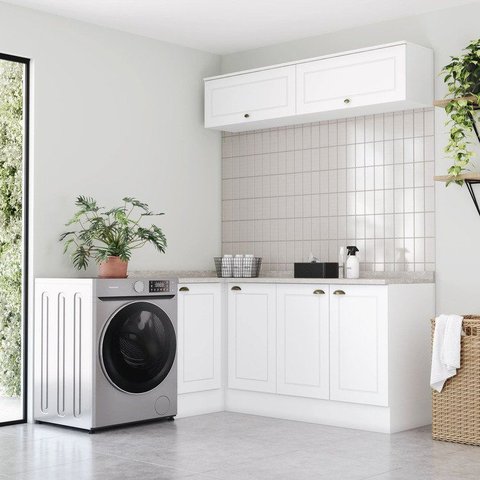 Lavanderia Modulada 05 Peças 100% MDF com Balcão Canto Reto e Tampo Branco HP/Calcare Emilly