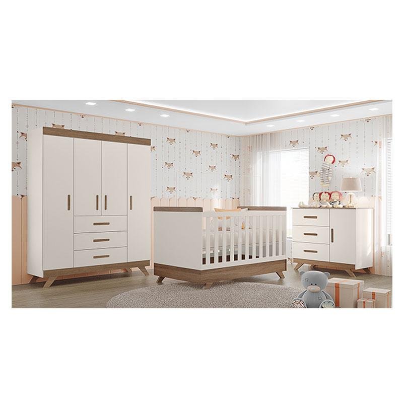 Quarto de Bebê Retro Maya com Berço Americano Vitória Off White Carvalho e Colchão Gazin – Canaã - 9