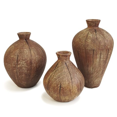 Kit Vasos Decorativos em Poliresina Amadeirado 3PÇS