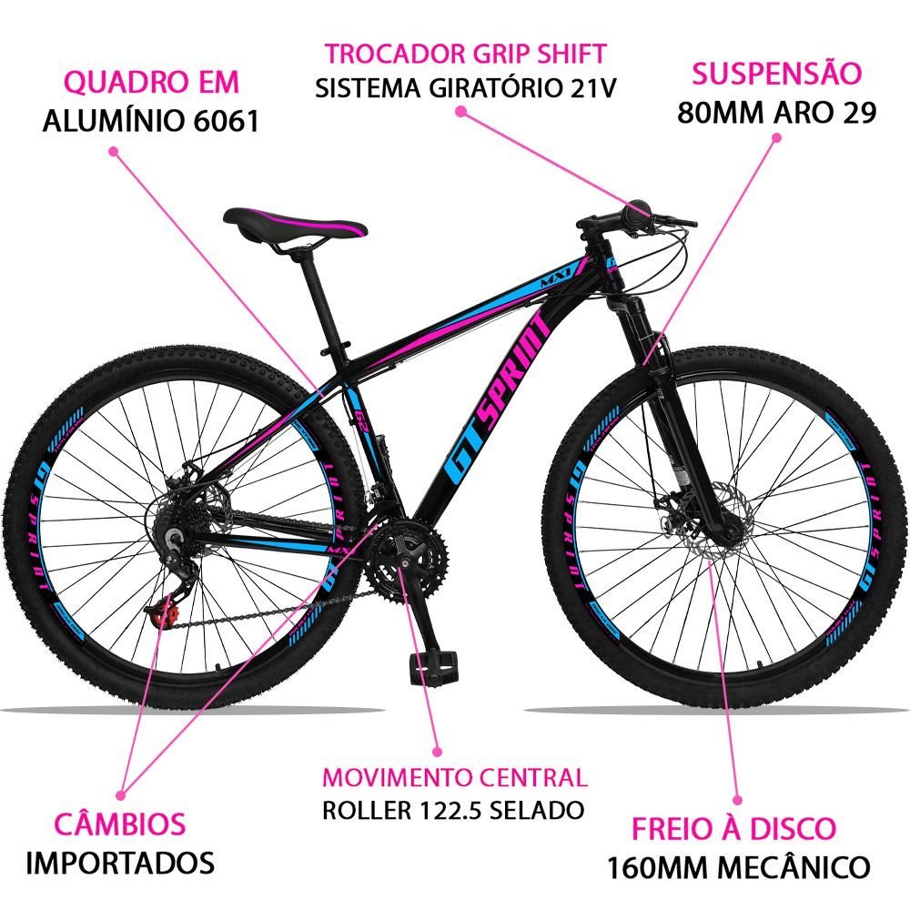 Bicicleta MX1 Aro 29 Quadro Alumínio Suspensão 21 Marchas Freio a Disco Mecânico - GT Sprint - Preto - 4