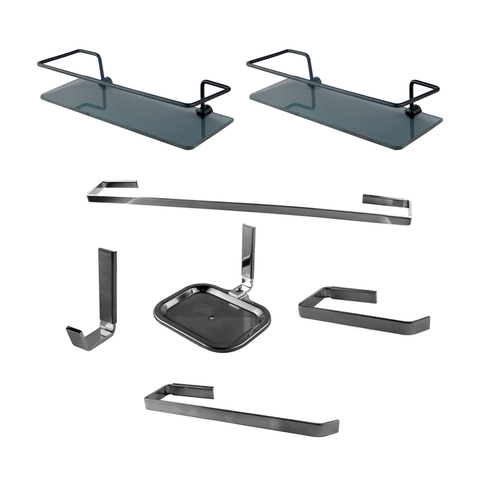Kit Acessórios para Banheiro Quadrado Aço Inox 5 Peças + 2 Porta Shampoo Vidro Retangular Preto Fosc