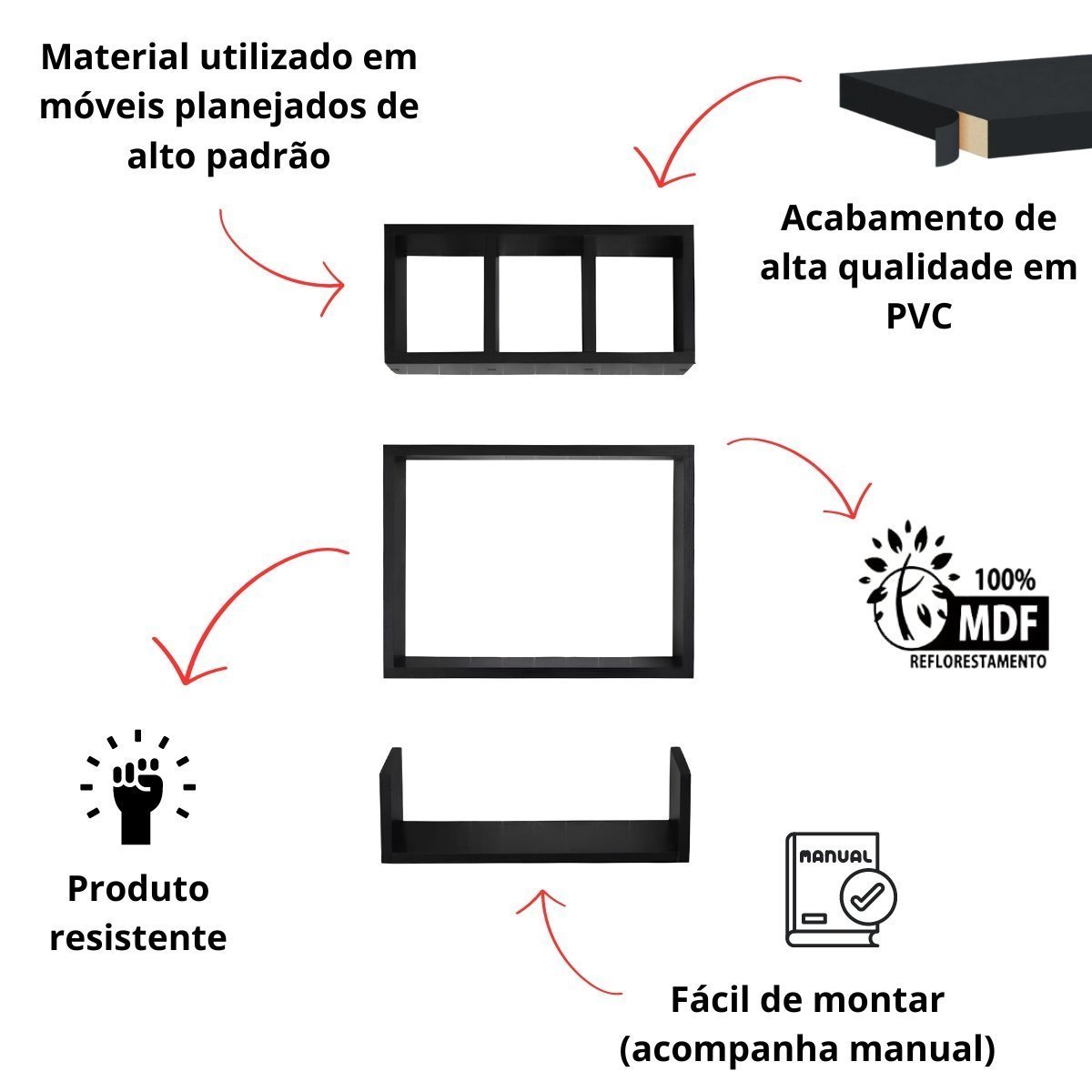 Nicho Prateleira Banheiro Mdf Decorativo Kit 3 Peças:preto - 2