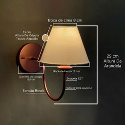 Arandela Luminária Curvada de Parede Rose Gold Alumínio e Bivolt com Cúpula Branco Algodão - 3