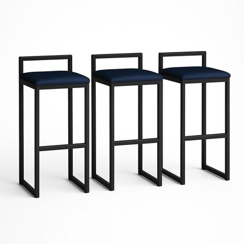 Kit 3 Banquetas Corino Ferro Cozinha Balcão Alta Bistro Azul Marinho