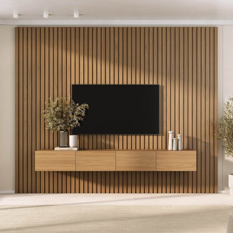 Rack com Painel Ripado para TV até 86 Polegadas Planejado 280CMX250CM Liso Aruá CabeCasa MadeiraOriginals
