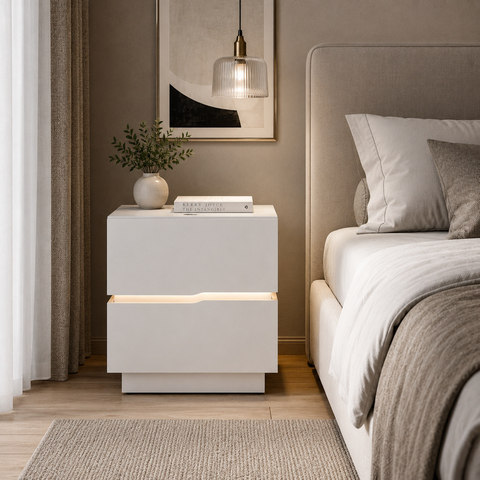 Mesa de Cabeceira 60cm com LED 100% MDF 2 Gavetas Lumiar Linha Alta Moderna Lateral:Branco