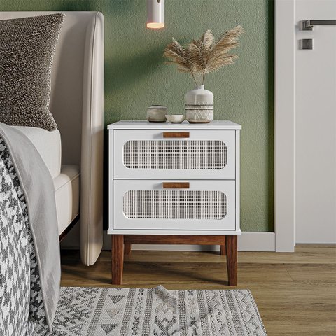 Mesa de Cabeceira Bide Cama Moderno 45 Cm Palhinha Indiana Santorini Branco