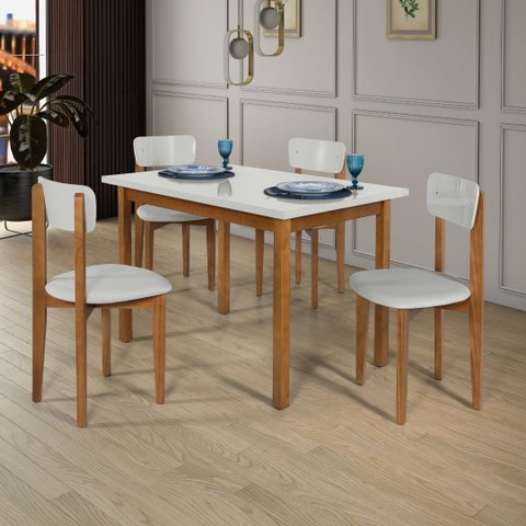 Mesa com Cadeiras 120cm Mdf Pinus Estofado Design Moderno:off White