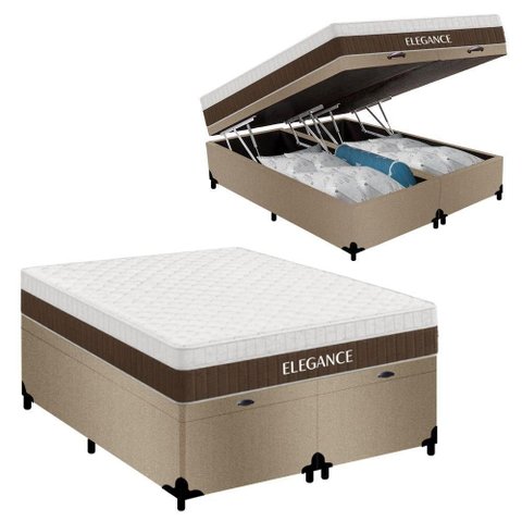 Cama Box com Baú Casal Elegance Molas Ensacadas Suede Bege Bipartido 138cm Royal Sleep