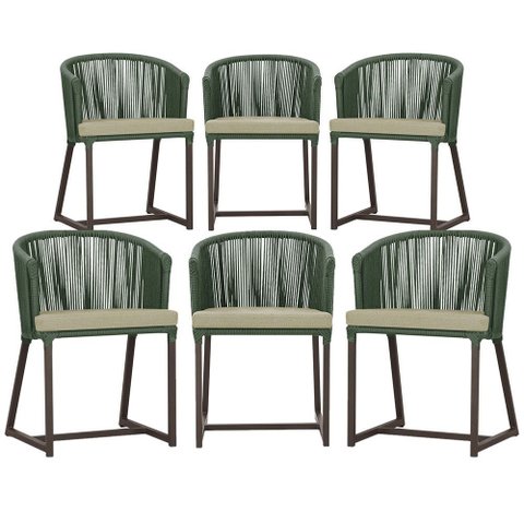 6 Cadeiras de Jantar Área Noronha em Alumínio com Pintura Marrom Corda Náutica Estofado 7 Trama Orig