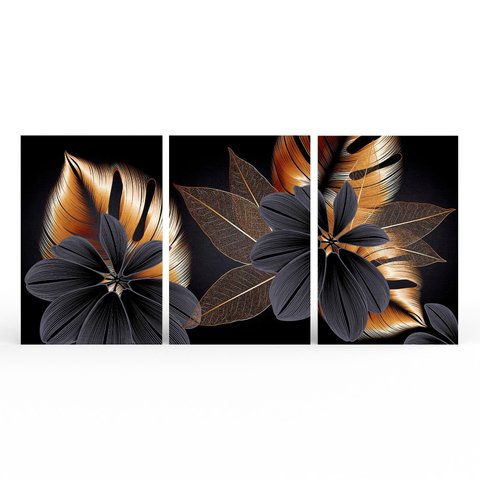 Kit 3 Quadros Retangulares - Flores Negras e Folhas Douradas