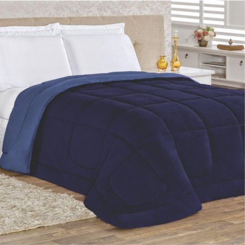 Edredom Coberdrom Queem Malha Algodão e Manta Flannel - Azul