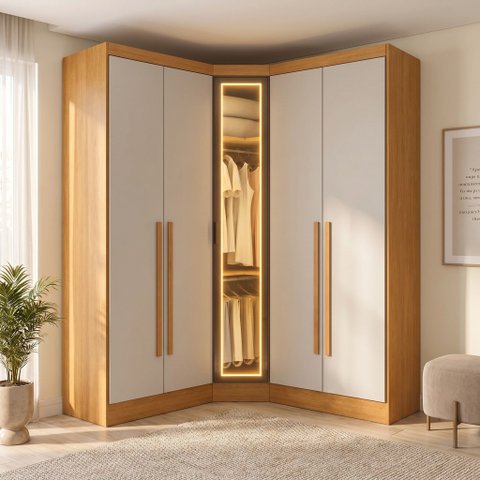 Guarda-Roupa Modulado de Canto Oblíquo Reflecta com LED 5 Portas 6 Gavetas 100% MDF Cairo