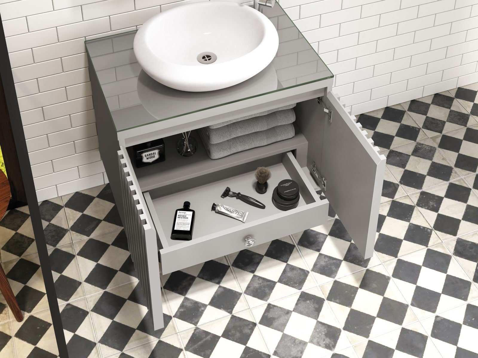 Balcão Gabinete Banheiro Ripado 60 com Cuba Branca - 3