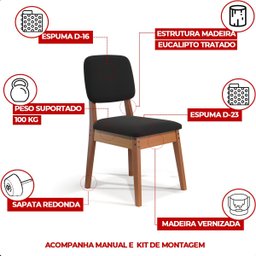 Mesa de Jantar com 4 Cadeiras Ravi Nature Linho Preto Base de Madeira - 4