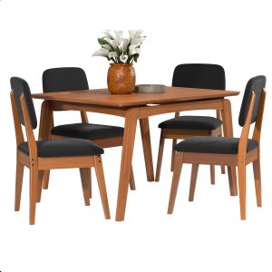 Mesa de Jantar com 4 Cadeiras Ravi Nature Linho Preto Base de Madeira