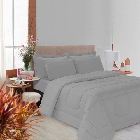 Kit Edredom Soft Casal Queen Toque Suave 3 Peças Cinza Casa Dona