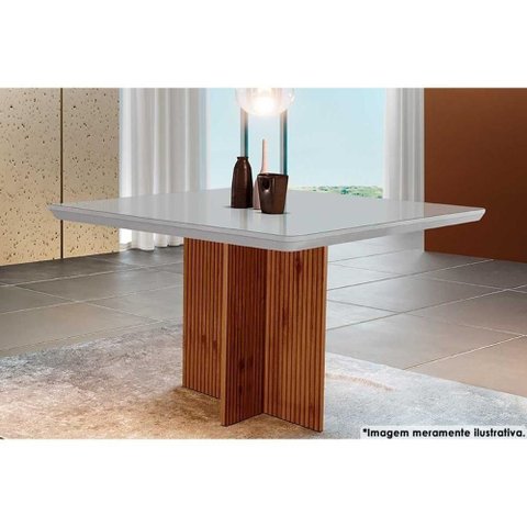 Mesa para Cozinha Berlim com Tampo 90x90cm Madeirado Vidro Canto Curvo Imbuia Ripado 3d Off White