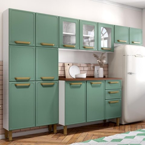 Cozinha Completa 100% Aço 14 Portas 2 Gavetas Bella Bertolini - Verde/branco