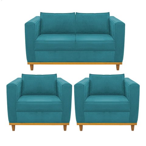 Kit Sofá 2 Lugares e 2 Poltronas Europa Suede Azul Turquesa Doce Sonho Móveis