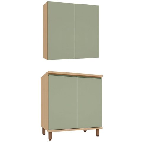 Kit Armário Aéreo e Balcão 100% MDF 80 cm 2 Portas Lótus Carvalho/Verde